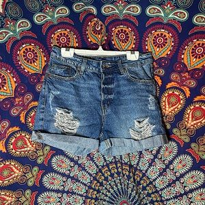 Button Fly Distressed Denim Shorts